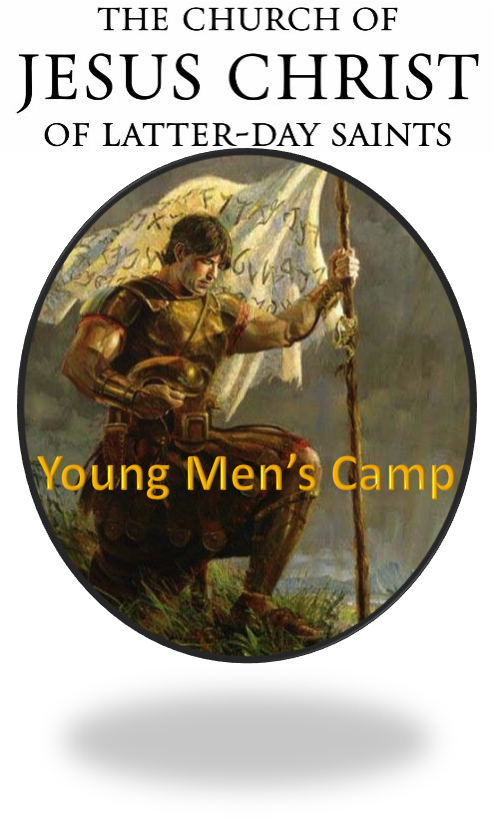 Image of a young man dressed as a soldier holding a flag, with text overlay "Young Men's Camp," representing the Church of Jesus Christ of Latter-day Saints, emphasizing the church camp theme.