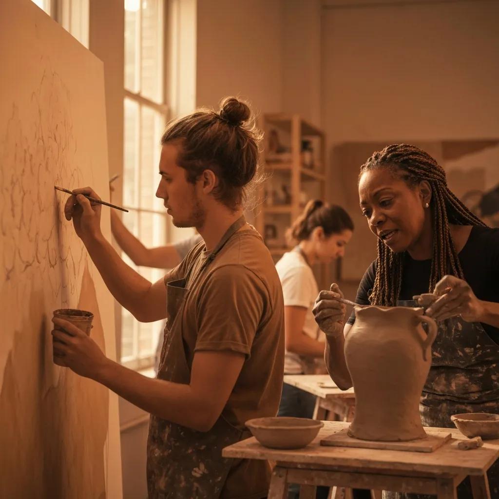 Artists engaged in pottery and painting during a creative workshop, showcasing hands-on techniques and collaborative learning in an art studio setting.