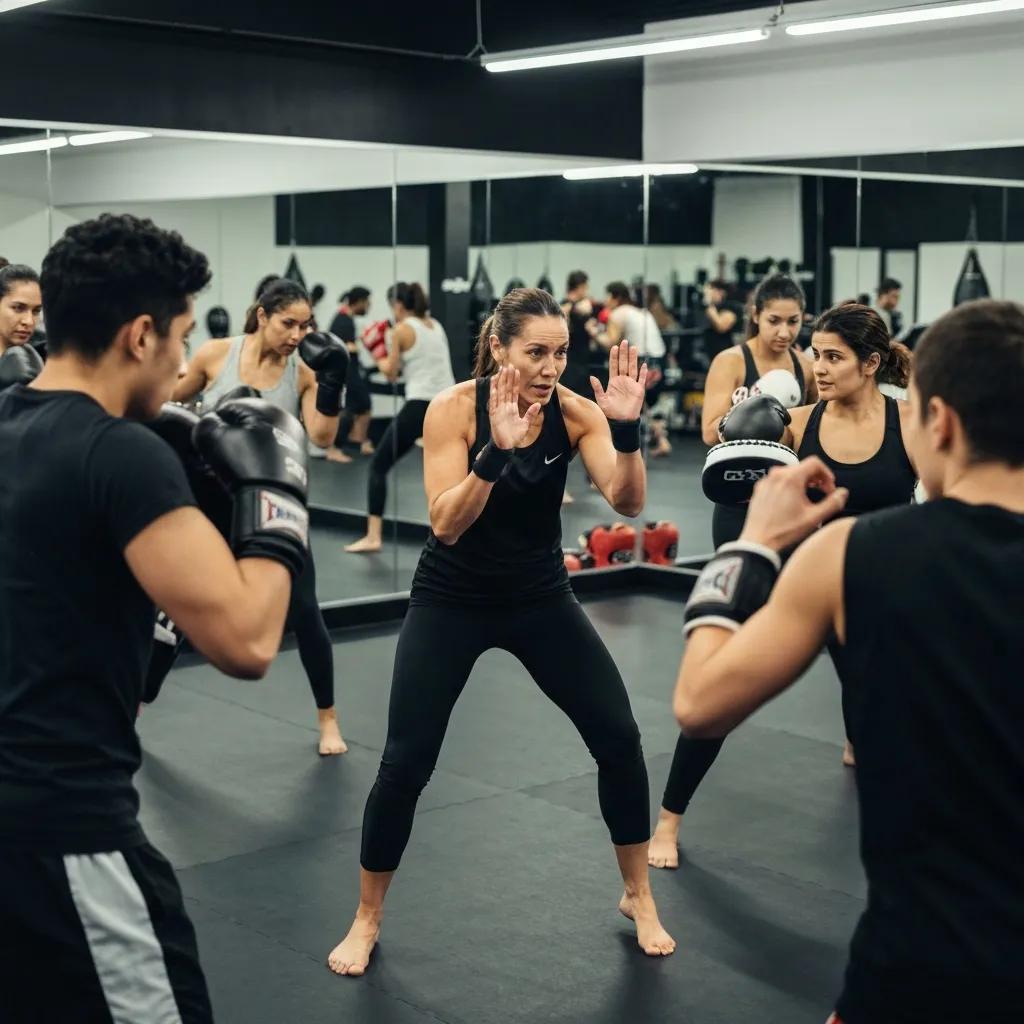 Participants practicing kickboxing techniques, including palm strikes and stances, in a martial arts training class focused on self-defense and situational awareness.